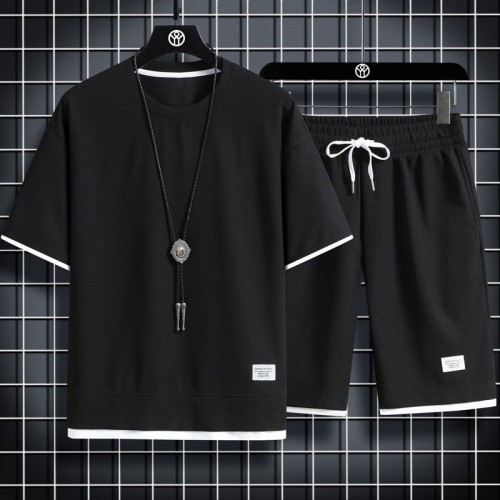 Men's Waffle Knit Tracksuit Set Relaxed Summer Style - Black image