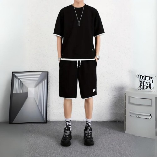 Men's Waffle Knit Tracksuit Set Relaxed Summer Style - Black image