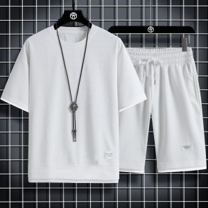 Men's Waffle Knit Tracksuit Set Relaxed Summer Style - White