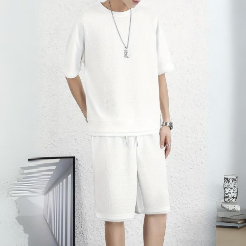 Men's Waffle Knit Tracksuit Set Relaxed Summer Style - White image