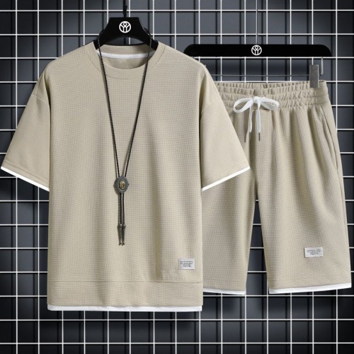 Men's Waffle Knit Tracksuit Set Relaxed Summer Style - Biege image