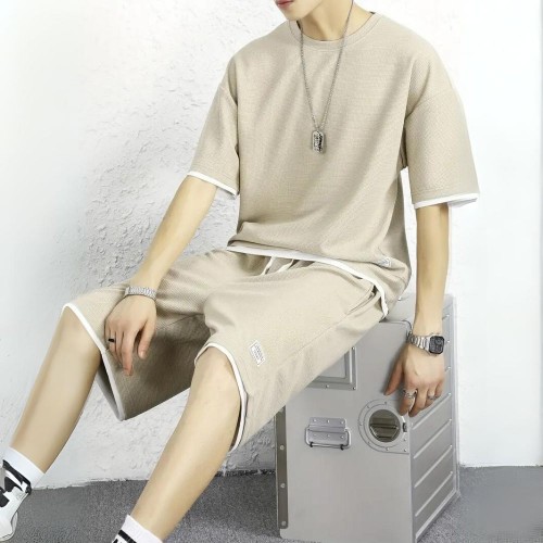 Men's Waffle Knit Tracksuit Set Relaxed Summer Style - Biege image