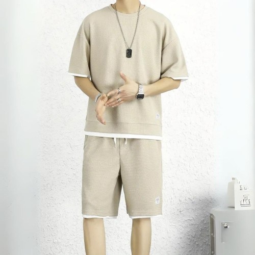 Men's Waffle Knit Tracksuit Set Relaxed Summer Style - Biege image