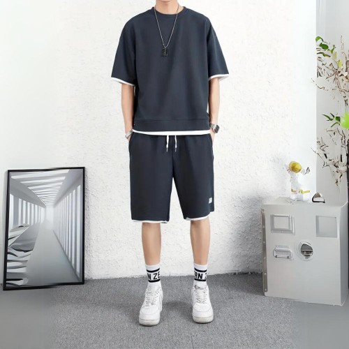 Men's Waffle Knit Tracksuit Set Relaxed Summer Style - Navy Blue image