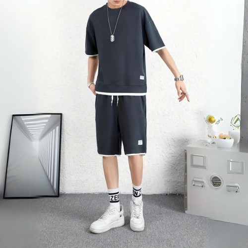 Men's Waffle Knit Tracksuit Set Relaxed Summer Style - Navy Blue image