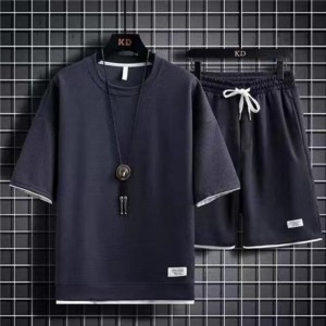 Men's Waffle Knit Tracksuit Set Relaxed Summer Style - Navy Blue