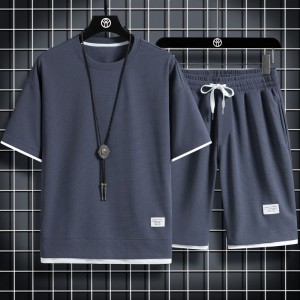 Men's Waffle Knit Tracksuit Set Relaxed Summer Style - Dark Grey
