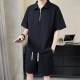 Summer Loose Two-Piece Set with Zipper Half Sleeve T-Shirt - Black image