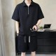 Summer Loose Two-Piece Set with Zipper Half Sleeve T-Shirt - Black image