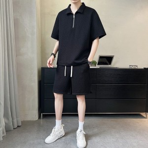 Summer Loose Two-Piece Set with Zipper Half Sleeve T-Shirt - Black