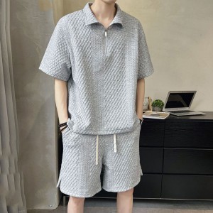 Summer Loose Two-Piece Set with Zipper Half Sleeve T-Shirt - Grey