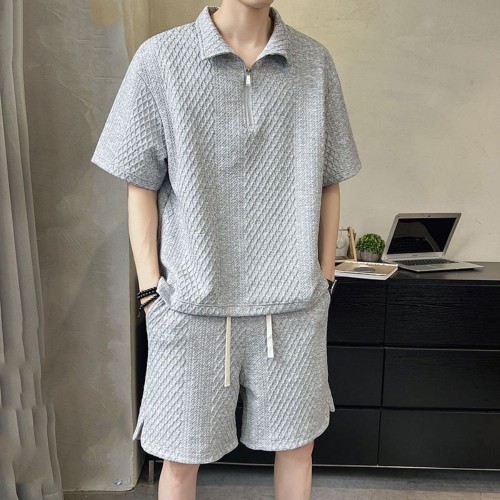 Summer Loose Two-Piece Set with Zipper Half Sleeve T-Shirt - Grey image