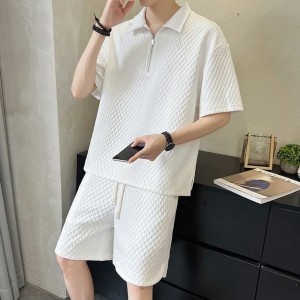 Summer Loose Two-Piece Set with Zipper Half Sleeve T-Shirt - White