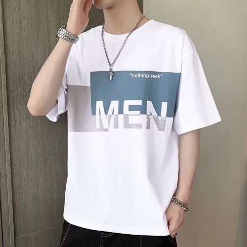 Men Trendy Printing Short Sleeves Shirt Round Neck T-Shirt - White image