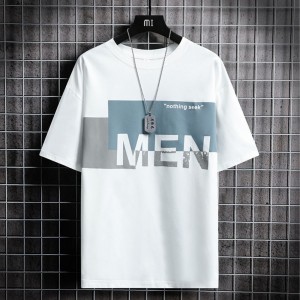 Men Trendy Printing Short Sleeves Shirt Round Neck T-Shirt - White