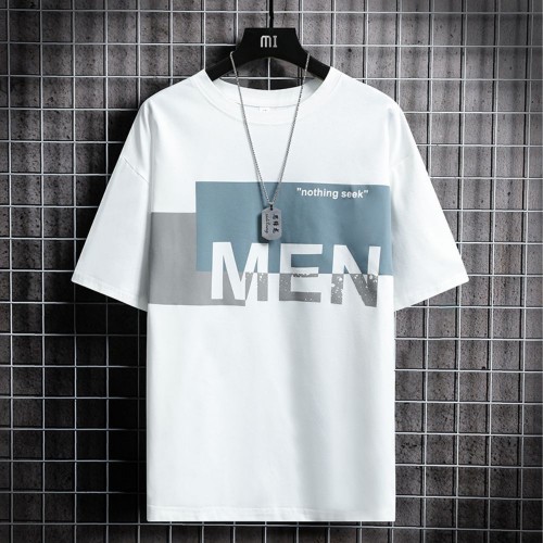 Men Trendy Printing Short Sleeves Shirt Round Neck T-Shirt - White image