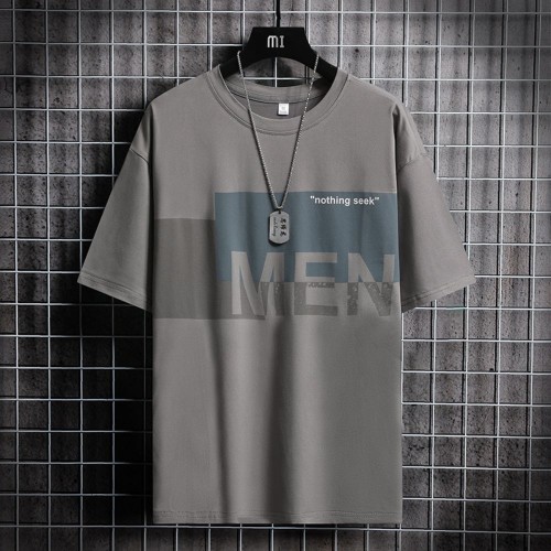 Men Trendy Printing Short Sleeves Shirt Round Neck T-Shirt - Dark Grey image