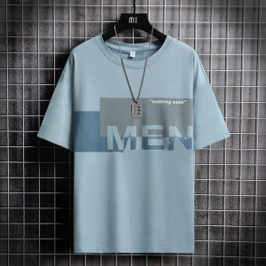 Men Trendy Printing Short Sleeves Shirt Round Neck T-Shirt - Light Blue