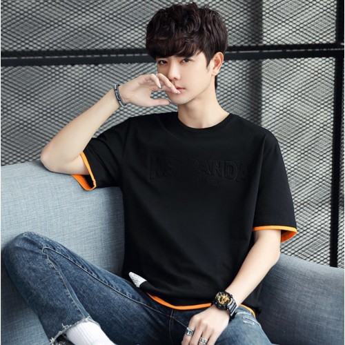 Men's Round Neck Spliced ​​Letter Short Sleeve T-shirt - Black image