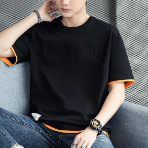 Men's Round Neck Spliced ​​Letter Short Sleeve T-shirt - Black