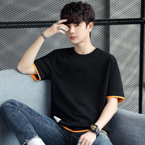 Men's Round Neck Spliced ​​Letter Short Sleeve T-shirt - Black image