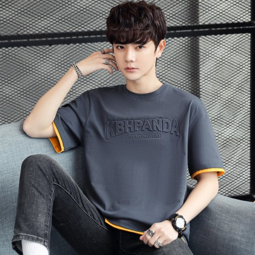 Men's Round Neck Spliced ​​Letter Short Sleeve T-shirt - Dark Grey image