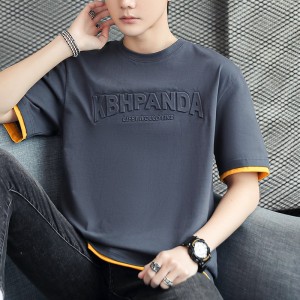 Men's Round Neck Spliced ​​Letter Short Sleeve T-shirt - Dark Grey