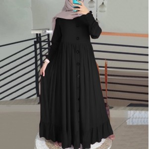 Pure Color Ruffles Hem Plus Puff Sleeve Women's Maxi Dress - Black