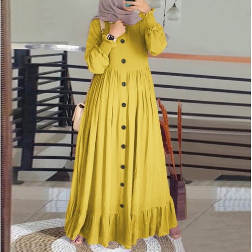 Pure Color Ruffles Hem Plus Puff Sleeve Women's Maxi Dress - Yellow image