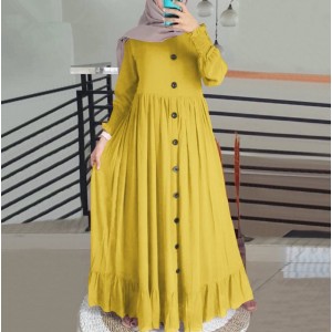 Pure Color Ruffles Hem Plus Puff Sleeve Women's Maxi Dress - Yellow