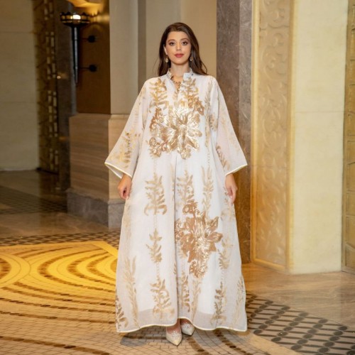 Casual V-neck Color contrast Embroidery Regular sleeve Maxi Dress - White image