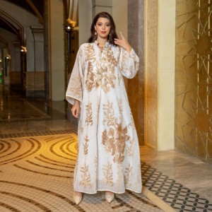 Casual V-neck Color contrast Embroidery Regular sleeve Maxi Dress - White