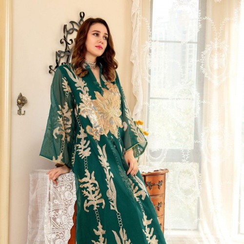 Casual V-neck Color contrast Embroidery Regular sleeve Maxi Dress - Green image