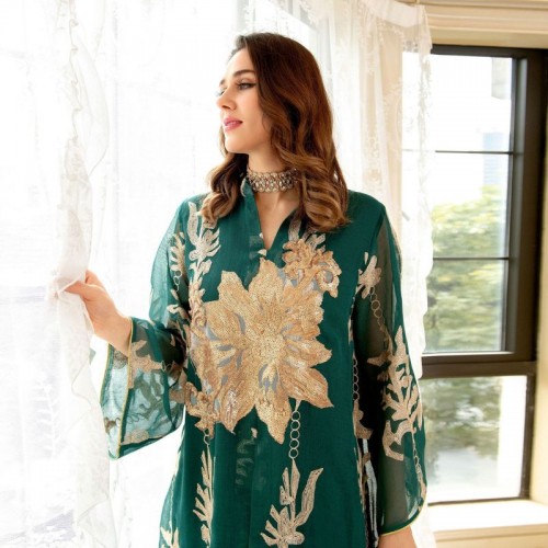 Casual V-neck Color contrast Embroidery Regular sleeve Maxi Dress - Green image