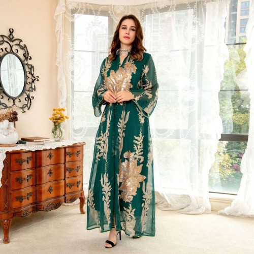 Casual V-neck Color contrast Embroidery Regular sleeve Maxi Dress - Green image