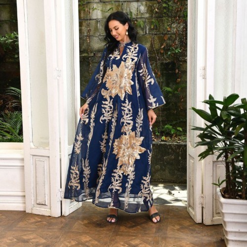 Casual V-neck Color contrast Embroidery Regular sleeve Maxi Dress - Navy Blue image