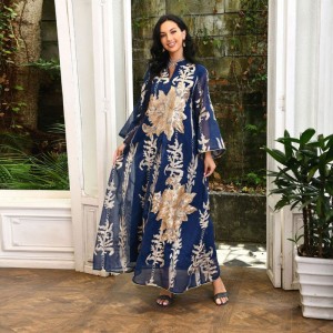 Casual V-neck Color contrast Embroidery Regular sleeve Maxi Dress - Navy Blue
