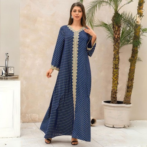 Women Luxury V-neck Polka Dots Robe Maxi Dress - Navy Blue image