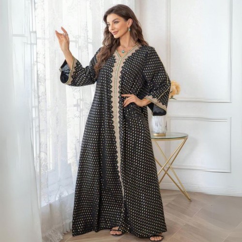 Women Luxury V-neck Polka Dots Robe Maxi Dress - Black image