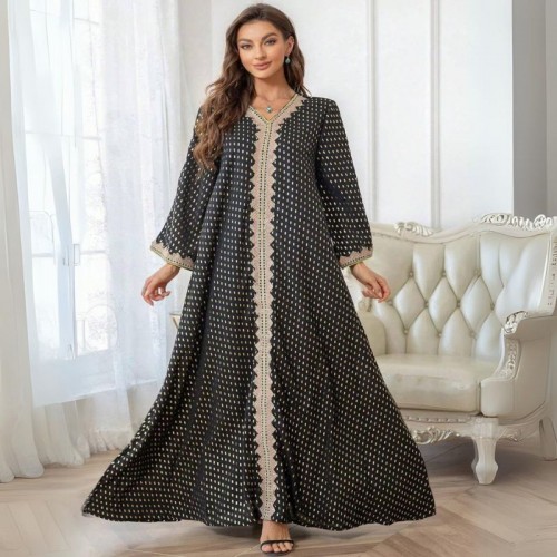 Women Luxury V-neck Polka Dots Robe Maxi Dress - Black image