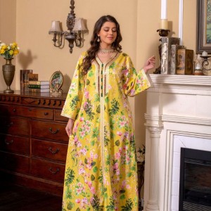 Sweet V-neck Printing Color contrast Buttons Embroidery Maxi Dress - Yellow