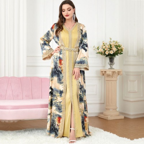 Sweet V-neck Color contrast Printing Buttons Belt Regular sleeve Maxi Dress - Yellow image