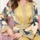 Sweet V-neck Color contrast Printing Buttons Belt Regular sleeve Maxi Dress - Yellow image