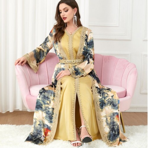 Sweet V-neck Color contrast Printing Buttons Belt Regular sleeve Maxi Dress - Yellow image