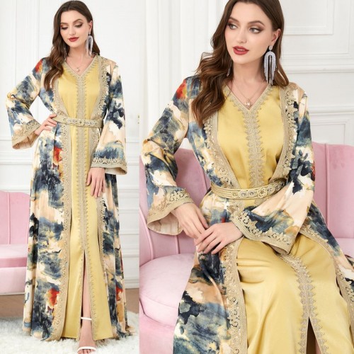 Sweet V-neck Color contrast Printing Buttons Belt Regular sleeve Maxi Dress - Yellow image