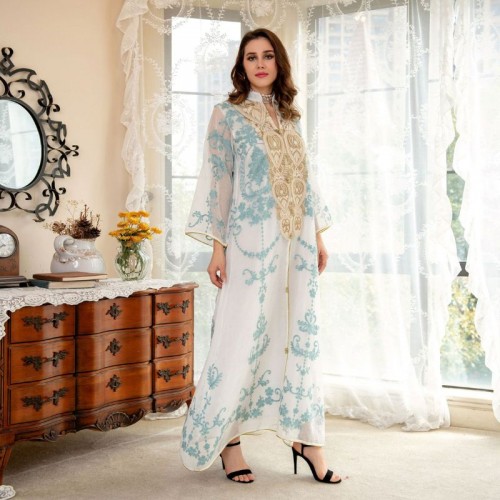 Elegant High Collar Solid Color Buttons Bow Regular Sleeve Kaftan - Light Blue image