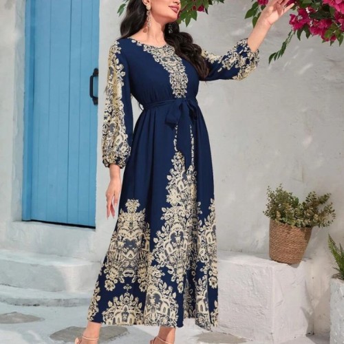 Cross Border Fashion Digital Printing Long Sleeve Middle East Dress - Navy Blue image