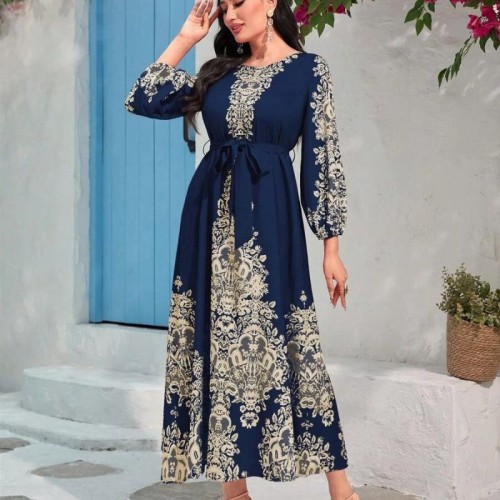 Cross Border Fashion Digital Printing Long Sleeve Middle East Dress - Navy Blue image