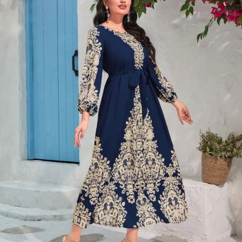 Cross Border Fashion Digital Printing Long Sleeve Middle East Dress - Navy Blue image