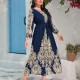 Cross Border Fashion Digital Printing Long Sleeve Middle East Dress - Navy Blue image